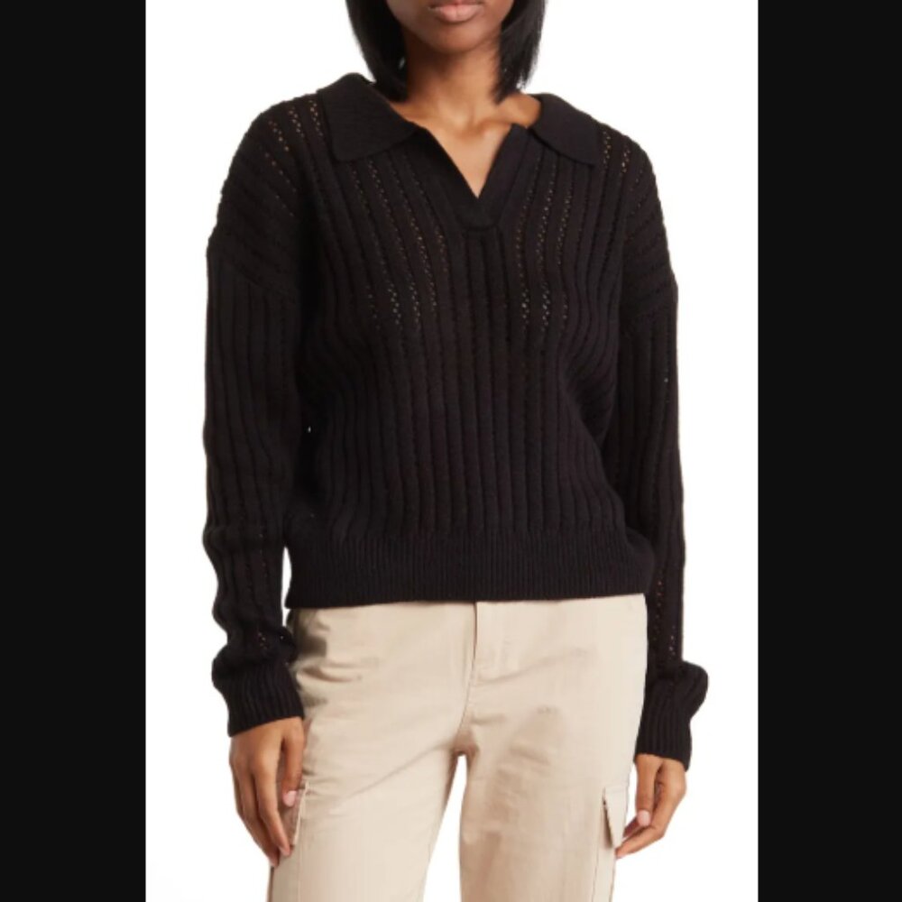 Elodie Pointelle Johnny Collar Ribbed Polo Sweater V Neck Collar Long Sleeves
